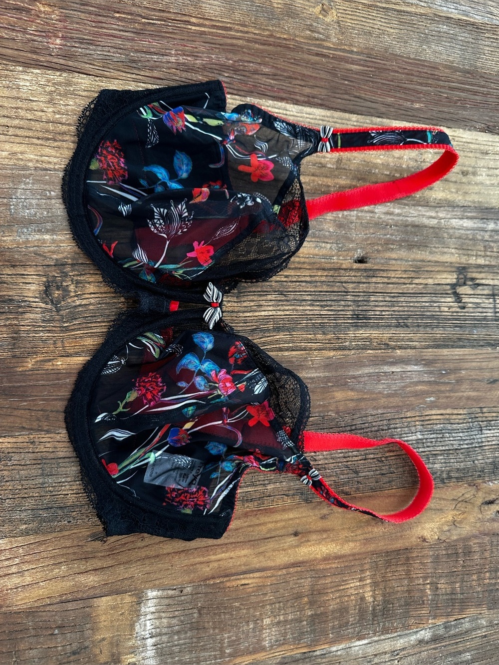 Sheer Black Floral Underwire Bra with Red Accents